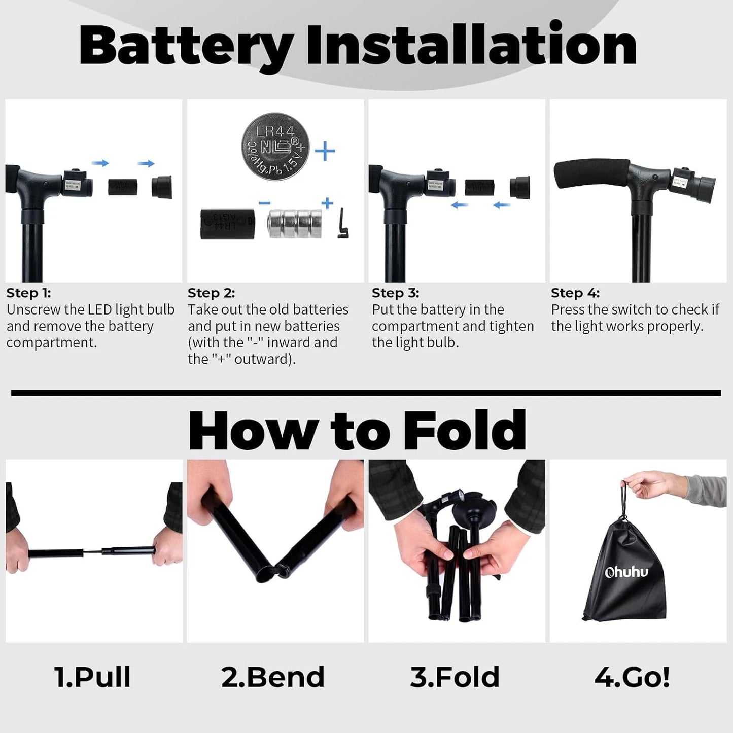 Folding cane with LED light